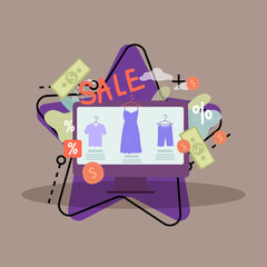 Poster - Computer monitor with clothing shop vector illustration. Sale period, internet store, money payment. Shopping online, sale, special offer, discount concept for banner or web design