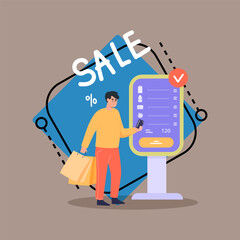 Poster - Male customer buying products in cashierless shop flat vector illustration. People with shopping bags paying via self checkout. Shopping, modern technology, sale concept for banner or web design