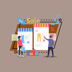 Man and woman buying clothes online vector illustration. People doing shopping in internet, holding shopping bags. E-commerce, shopping, sale, special offer concept can be used for banner design