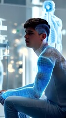 Poster - Vertical video of Young Man with Digital Body Overlay Showcasing Futuristic Technology in Healthcare