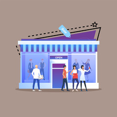 People looking at shop window flat vector illustration. Men and women doing shopping in clothing store. Fashion, boutique, special offer, sale concept for banner or web design