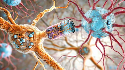 Poster - Microscopic View of Nerve Cells with a Glass Vial.
