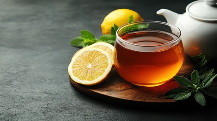 Hot tea with lemon slices and fresh mint on wooden board