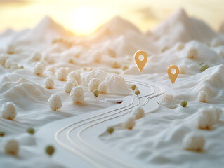 a road leading through snowy mountains with three white location markers on the side, representing a trail.