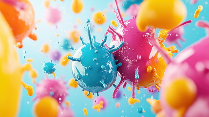 Poster - Colorful Paint Splatters and Droplets on Blue Background.
