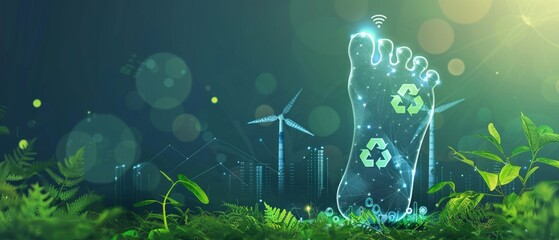 Wall Mural - An image showing a futuristic footprint with a recycling symbol on grass, backed by a green cityscape. Symbolizes eco-awareness and urban sustainability.