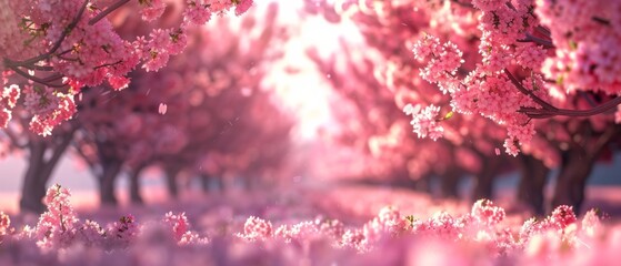 Sticker - A charming image of pink cherry blossoms lining a pathway under a sunny sky creates a peaceful, dreamy scene full of serene beauty and tranquility.