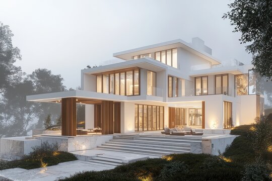 Architectural rendering of a luxurious modern house with white walls, wooden features, and large windows in a foggy evening setting