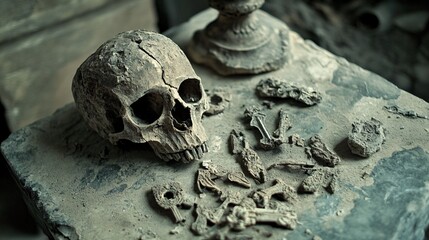 A mystical view of ancient relics scattered on a stone altar, including a skull and various artifacts, glinting in faded light, evoking a sense of mystery and history.