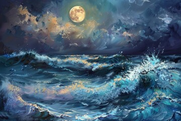 Wall Mural - a large moon is reflected in the ocean, generative ai image