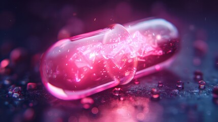 Aufkleber - A vibrant pink capsule glows on a dark surface surrounded by crystalline elements
