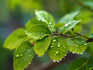 Fresh Green Leaves With Dew Drops