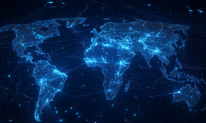 Poster - a blue map of the world with glowing lines connecting various countries, representing global connect