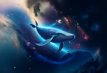 Poster - A blue whale swims through a starry night sky,  surrounded by clouds, nebulae, and planets.