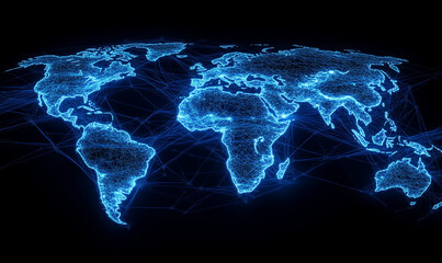 Poster - a blue map of the world with glowing lines connecting various countries, representing global connect