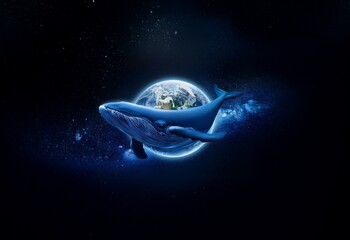 Leinwandbilder - A blue whale swims through a galaxy of sparkling blue stars. The whale appears to be holding a blue planet.