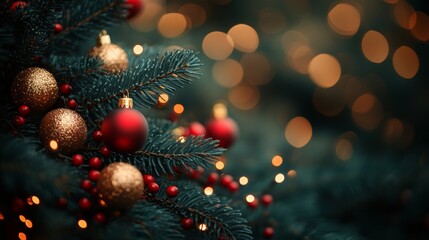 Wall Mural - Christmas tree with red and golden baubles and lights bokeh background. Space for text. Copy space. Greeting card.