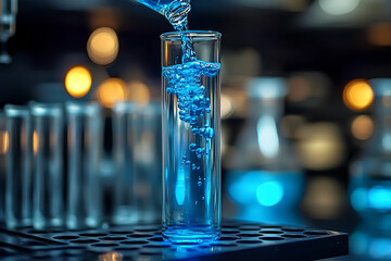 Wall Mural - a glass of blue liquid is poured into a test tube. the liquid is clear and has a slight blue tint. c