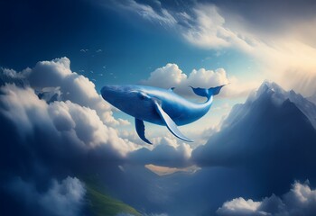  A blue whale soars through a sky filled with fluffy white clouds and mountains in the distance.