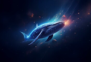 Poster - A glowing blue whale swims through a cosmic space filled with stars and planets.