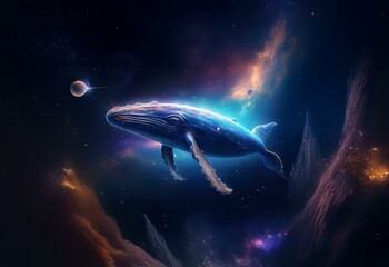 Leinwandbilder - A whale swims through space, surrounded by stars, nebulae, and a small planet.