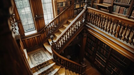 Poster - Wooden Staircase and Bookshelves in a Vintage Library