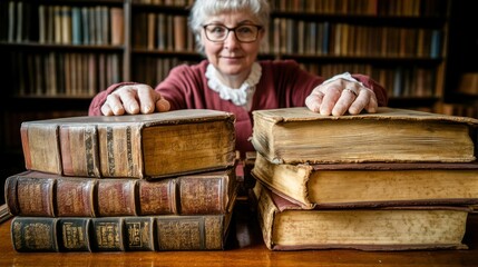 Poster - Woman in Red Blouse Presents Two Stacks of Old Books