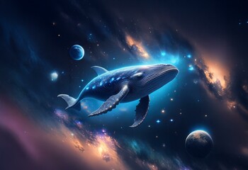 Poster - A whale swims through a starry space with bright nebulae.