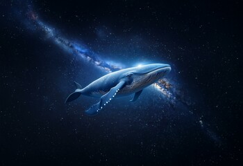 Leinwandbilder - A blue whale swims through a starry night sky, the milky way visible in the distance.
