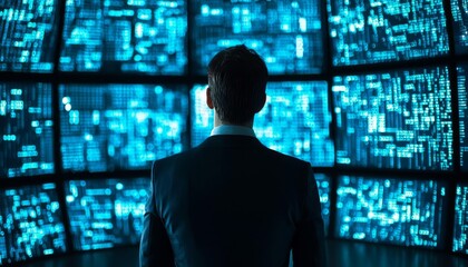 Businessman observing digital data on multiple screens, futuristic environment.