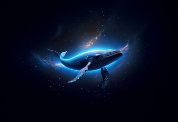 Leinwandbilder - A blue whale swims through a starry expanse, its body outlined with glowing light.