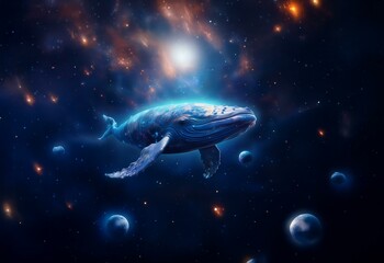 Poster - A whale swims through a dark, starry space with swirling nebulae and a bright star in the background.