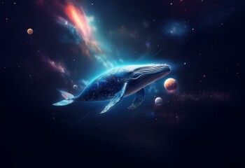 Poster - A whale swims through a dark space filled with stars, planets, and a colorful nebula.