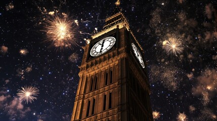 Poster - Big Ben Tower with Fireworks Display and a Starry Night Sky