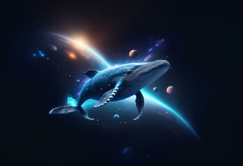 Poster - A whale swims through space with a planet and stars surrounding it.