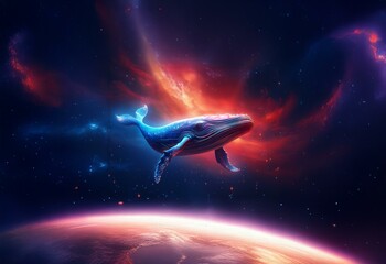 Leinwandbilder - A blue whale swims through a dark blue space with a red and orange nebula in the background, and a pink and orange planet below.
