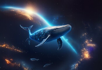 Poster - A blue whale, its body glowing with stars, swims in space.  It's passing a glowing planet and smaller, similar figures.