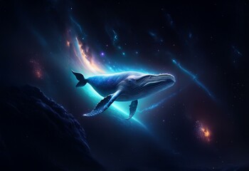 Poster - A blue whale swims through space, its body illuminated by stardust and swirling nebulas.