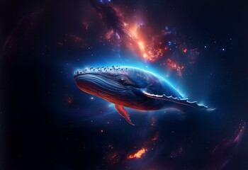 Poster - A blue whale swims through space amidst a starry nebula with streaks of red and orange.