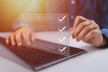 Poster - checklist and clipboard task documentation management, business people working laptop checklist questionnaire assessment form, online survey online exam Choosing the right answer in the exam