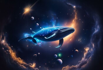 Poster - A blue whale swims through a nebula, surrounded by stars and planets.