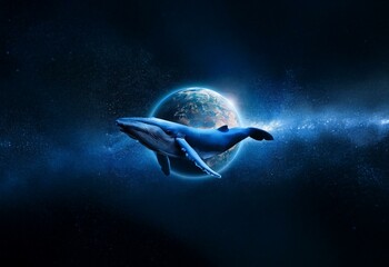 Poster - A whale swims past the Earth, which appears as a blue globe in the starry, dark blue sky.