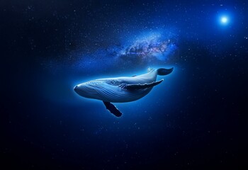 Poster - A humpback whale swims through the vast ocean depths, silhouetted against a starry night sky.