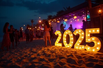 2025 beach party celebration with glowing lights and dancing at night