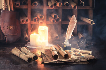 Poster - Ancient library full of valuable manuscripts as mystical background