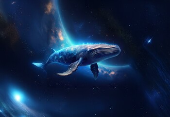 Poster - A whale swims through space with a planet in the background. Its body is speckled with stars.