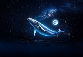 Poster - A blue whale swims through a starry night sky with a bright moon shining above.