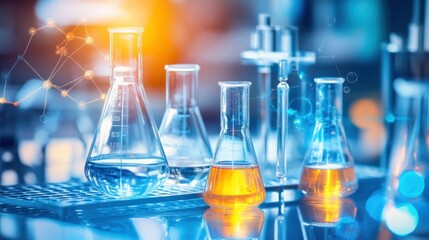 Poster - Laboratory Glassware with Colorful Liquids and Network Design