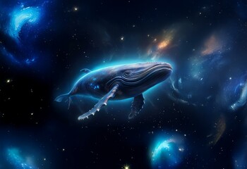 Poster - A blue whale swims through a dark starry sky with swirling nebulae.