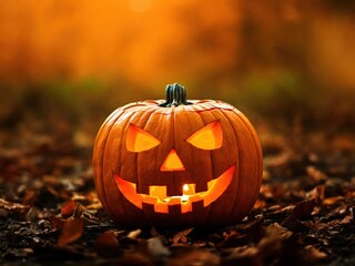 A festive Halloween scene featuring a carved pumpkin jack o lantern on the grass and another pumpkin hanging from a tree, surrounded by colorful autumn leaves